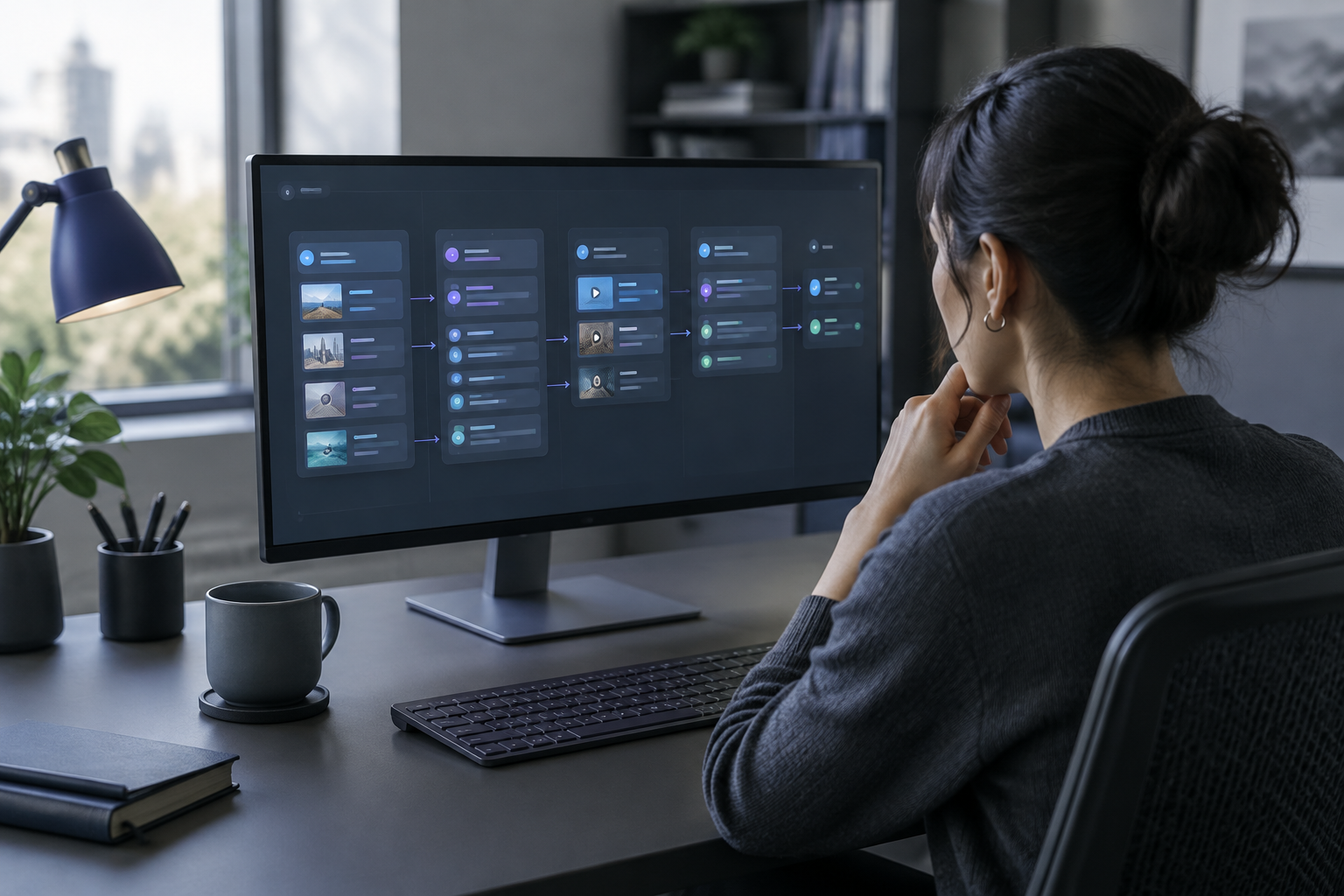 Editorial workspace with content management workflow on a desktop monitor in a modern office.