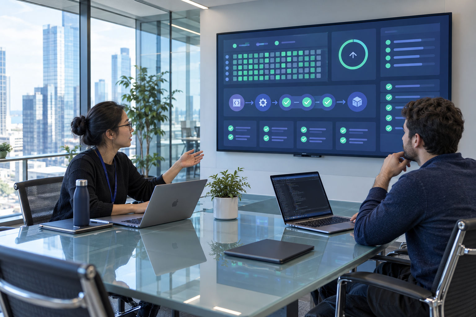 Engineering team in a modern conference room reviewing automated feed validation and endpoint uptime status
