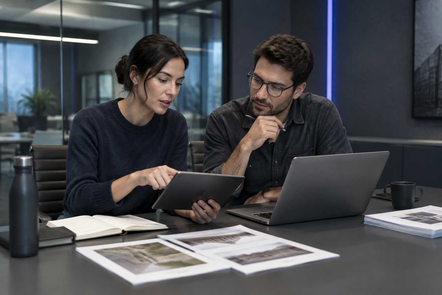 Editorial professionals collaborating on source verification in a modern workspace