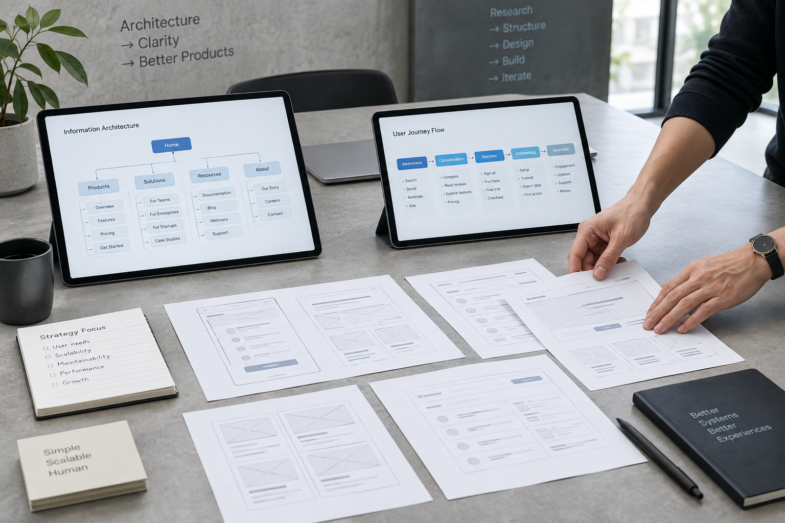 Structured content planning session with organized paper wireframes and digital tablets.