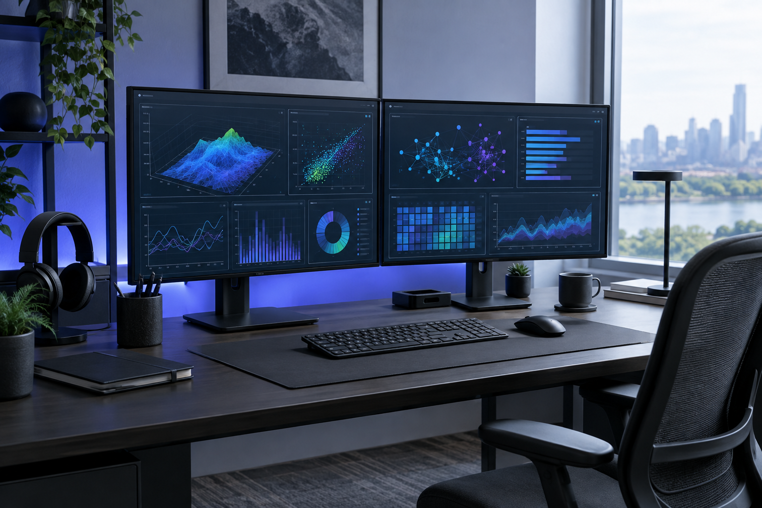 Modern dual-monitor workstation showing structured data graphs in a slate and indigo tech office.