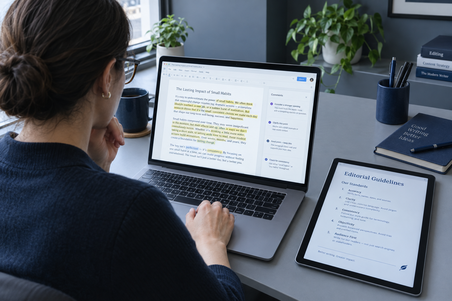 Professional editor reviewing draft copy and citations on a laptop in a modern office