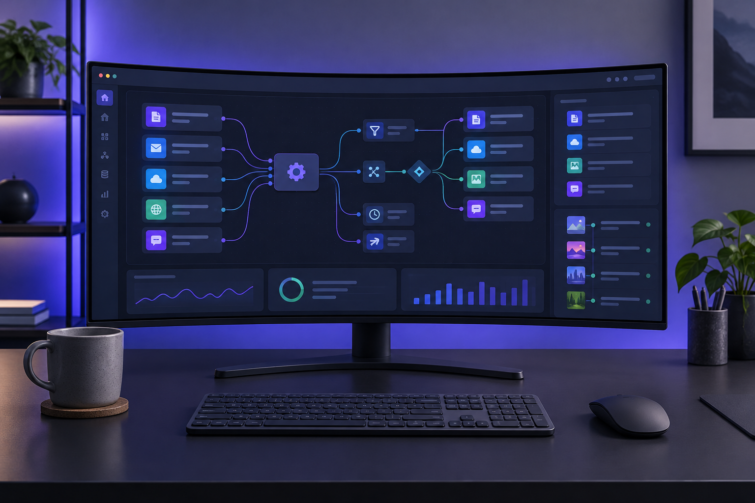 Automated content operations routing interface on an ultrawide monitor