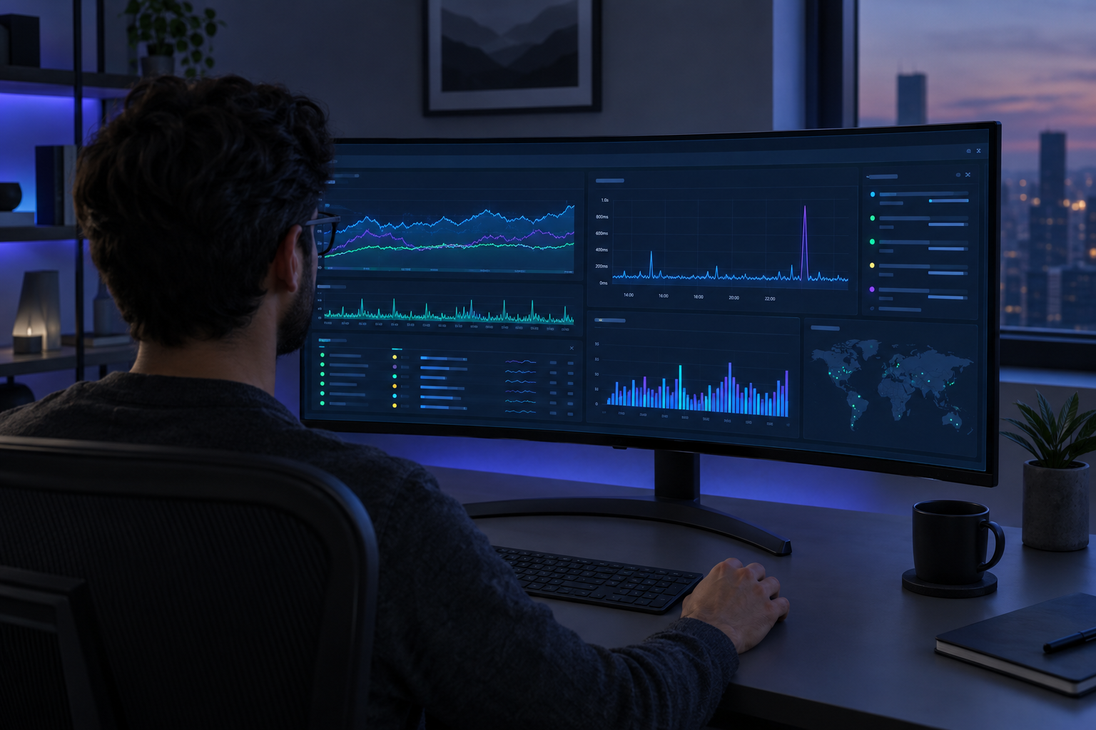 Content operations engineer monitoring endpoint latency and distribution pipeline metrics on a curved monitor.