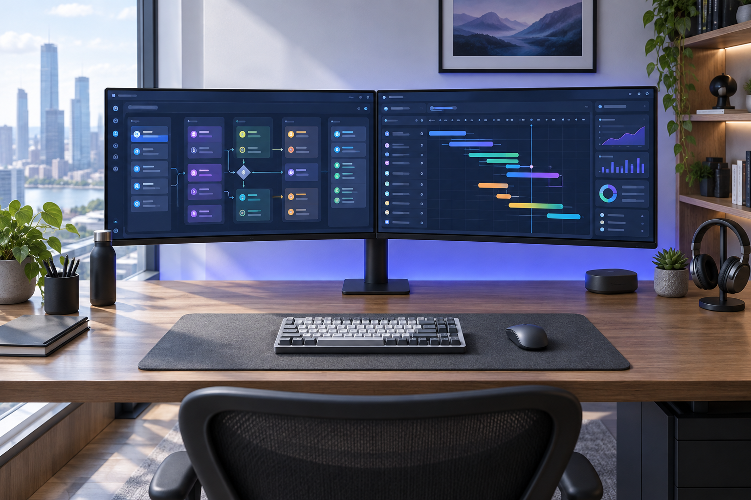 Modern workstation showing content workflow automation and calendar pipeline on dual monitors.