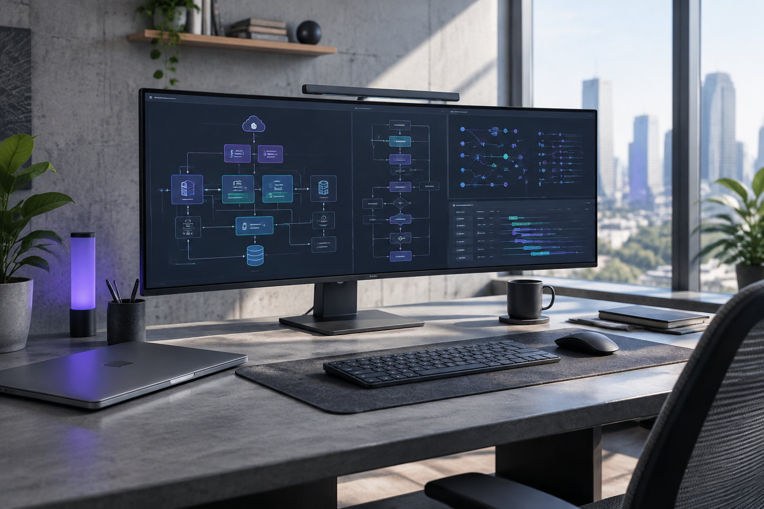 Modern developer workstation with architectural data flow schematics on an ultrawide display in a slate and indigo themed office