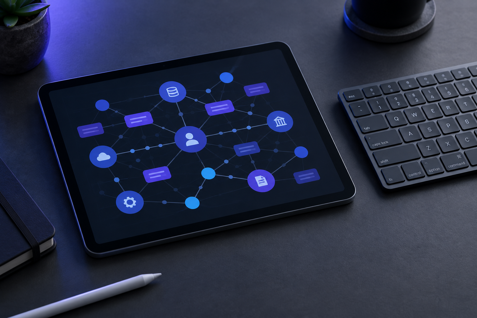 Tablet displaying abstract entity-node connections on a minimalist slate desk with subtle indigo lighting.
