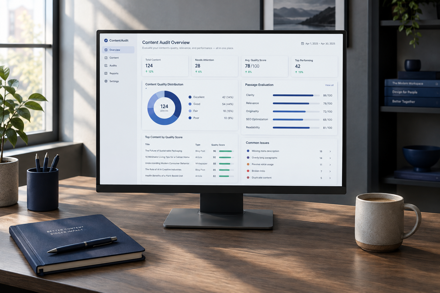 Modern desktop workspace displaying a digital content auditing and quality interface