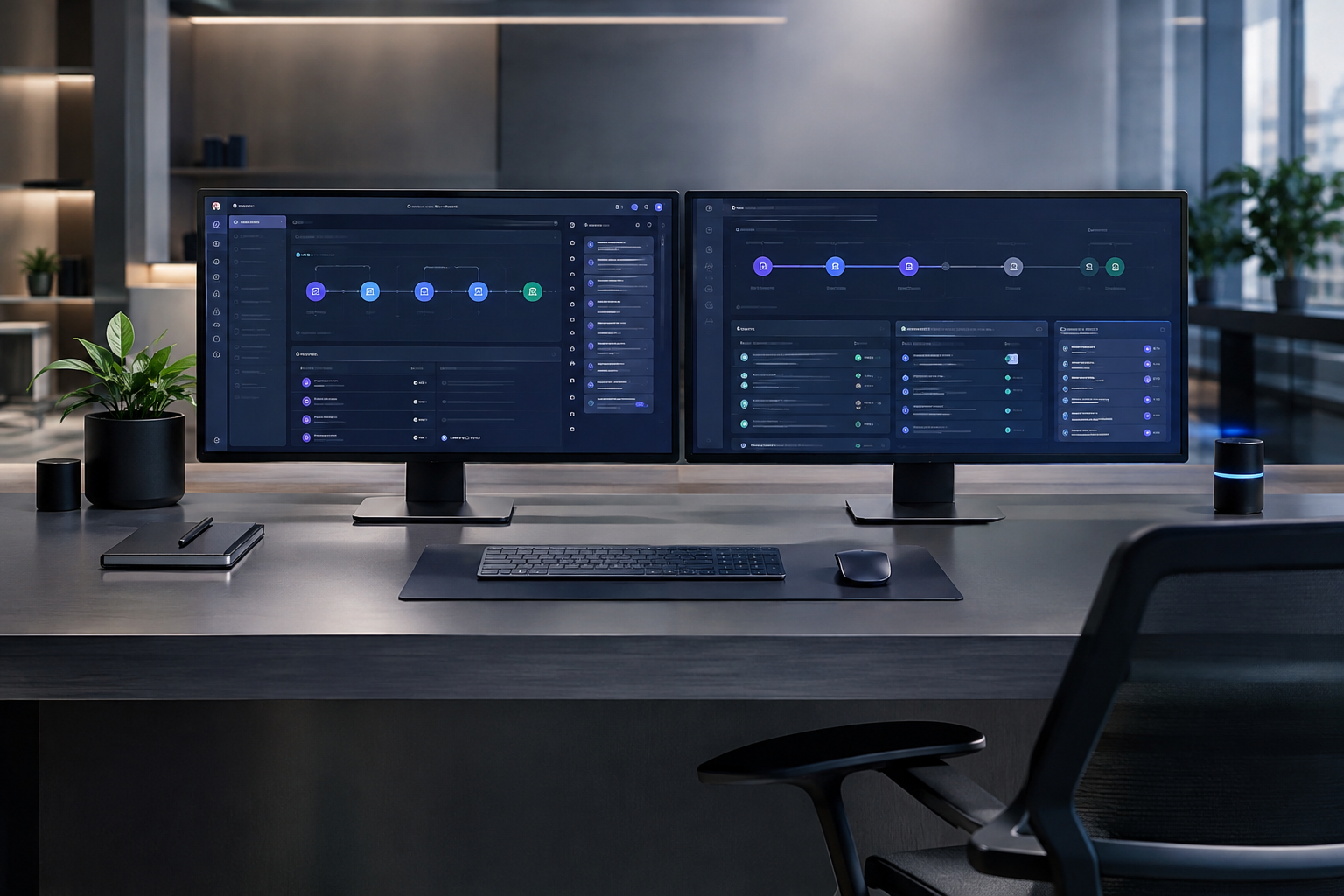 Dual monitor workstation showing automated digital publishing validation stages