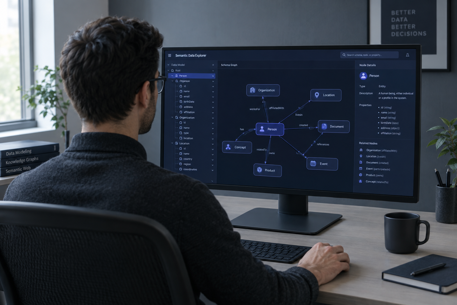 Technical specialist reviewing structured data and semantic schema architecture on a desktop screen.