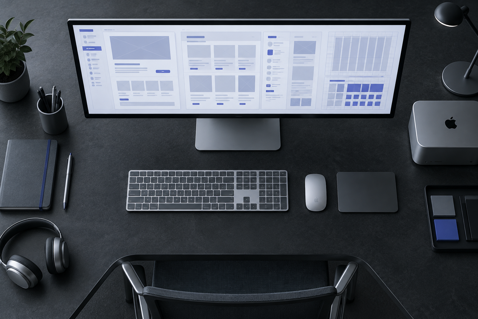 Ultrawide monitor showing structured information grid layouts in a sleek, neutral slate workspace.