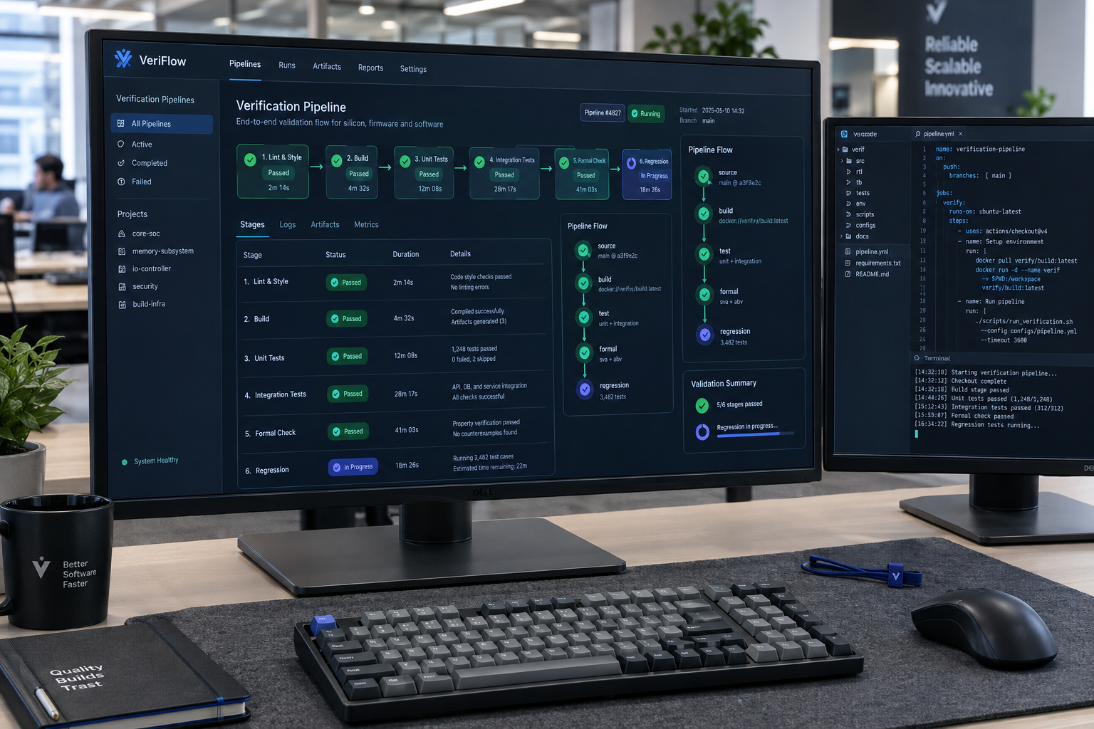Dual monitor workstation showing automated verification pipeline stages and validation checks
