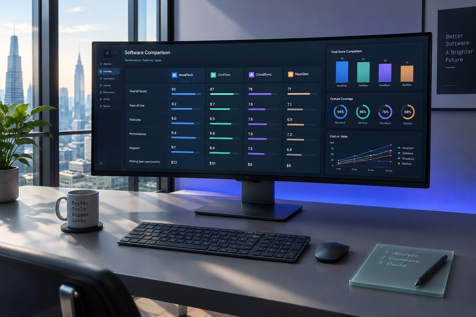 Modern desktop setup showing a software comparison workflow in a contemporary workspace.