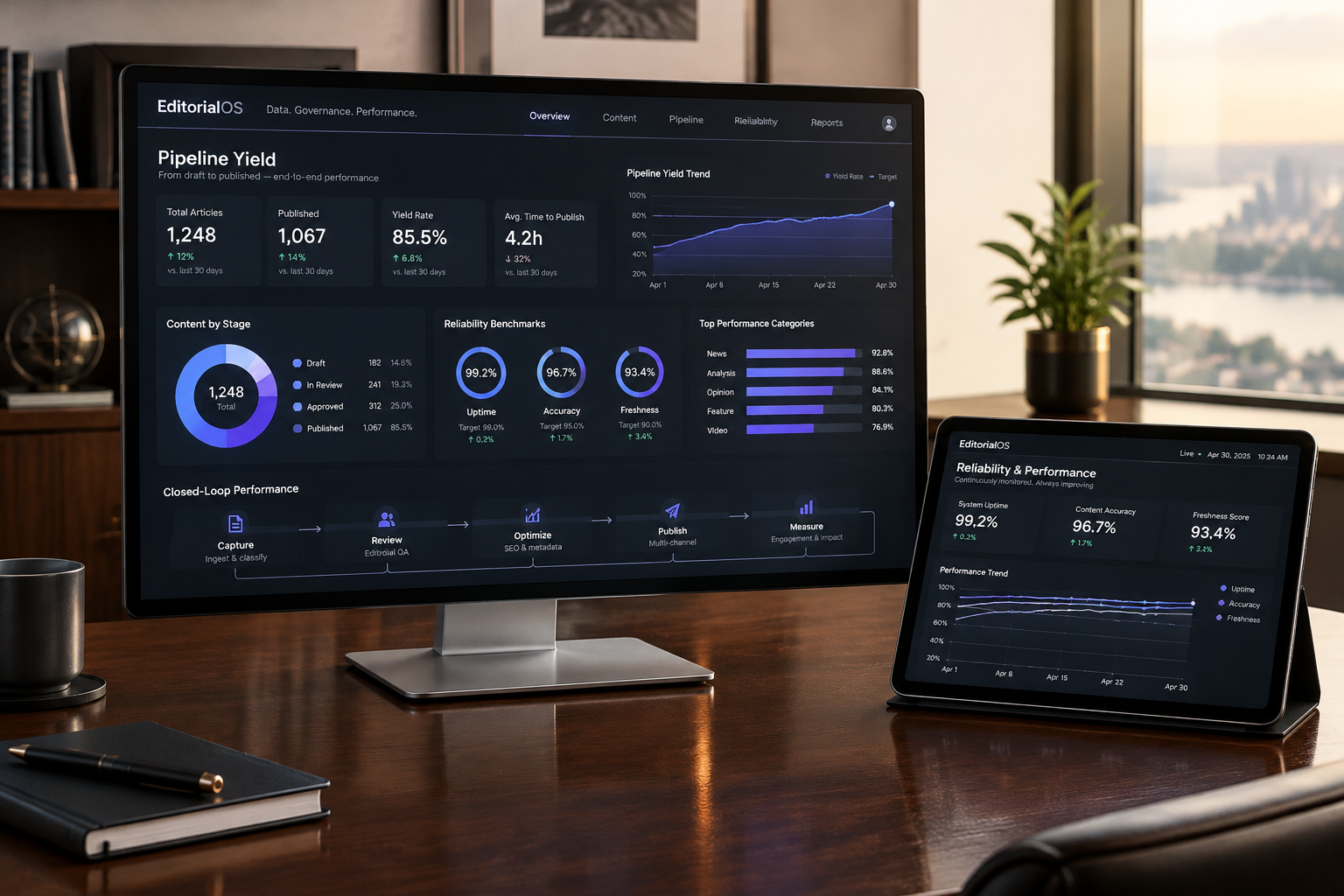 Executive desktop interface displaying content compliance metrics, gate yields, and operational telemetry.