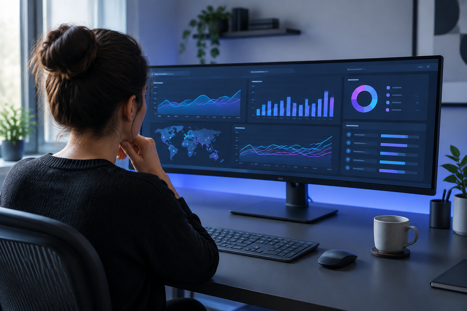 Digital strategist reviewing search analytics on a modern desktop setup