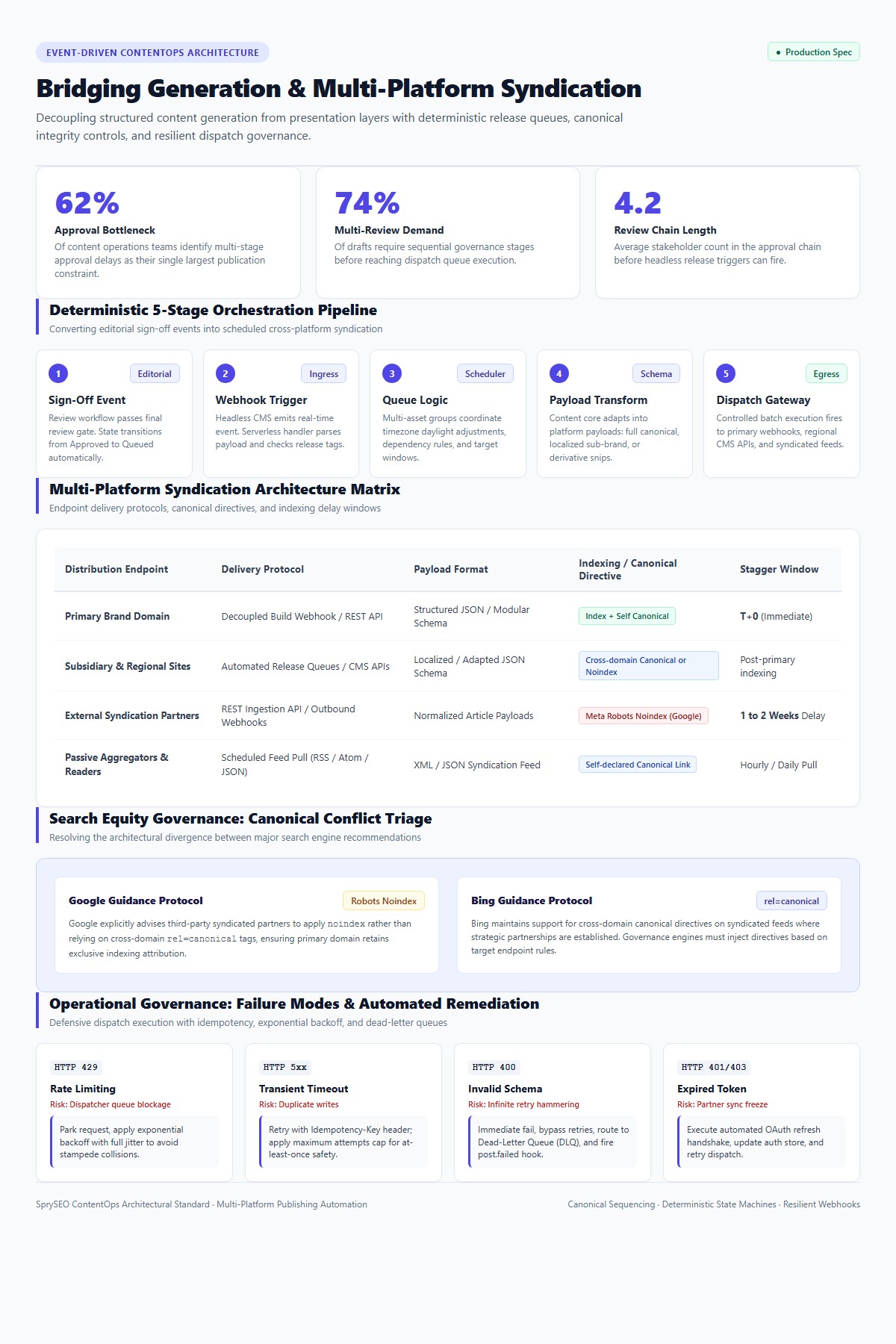 Architectural diagram and matrix for scheduled multi-platform content syndication, indexing directives, and automated error remediation.