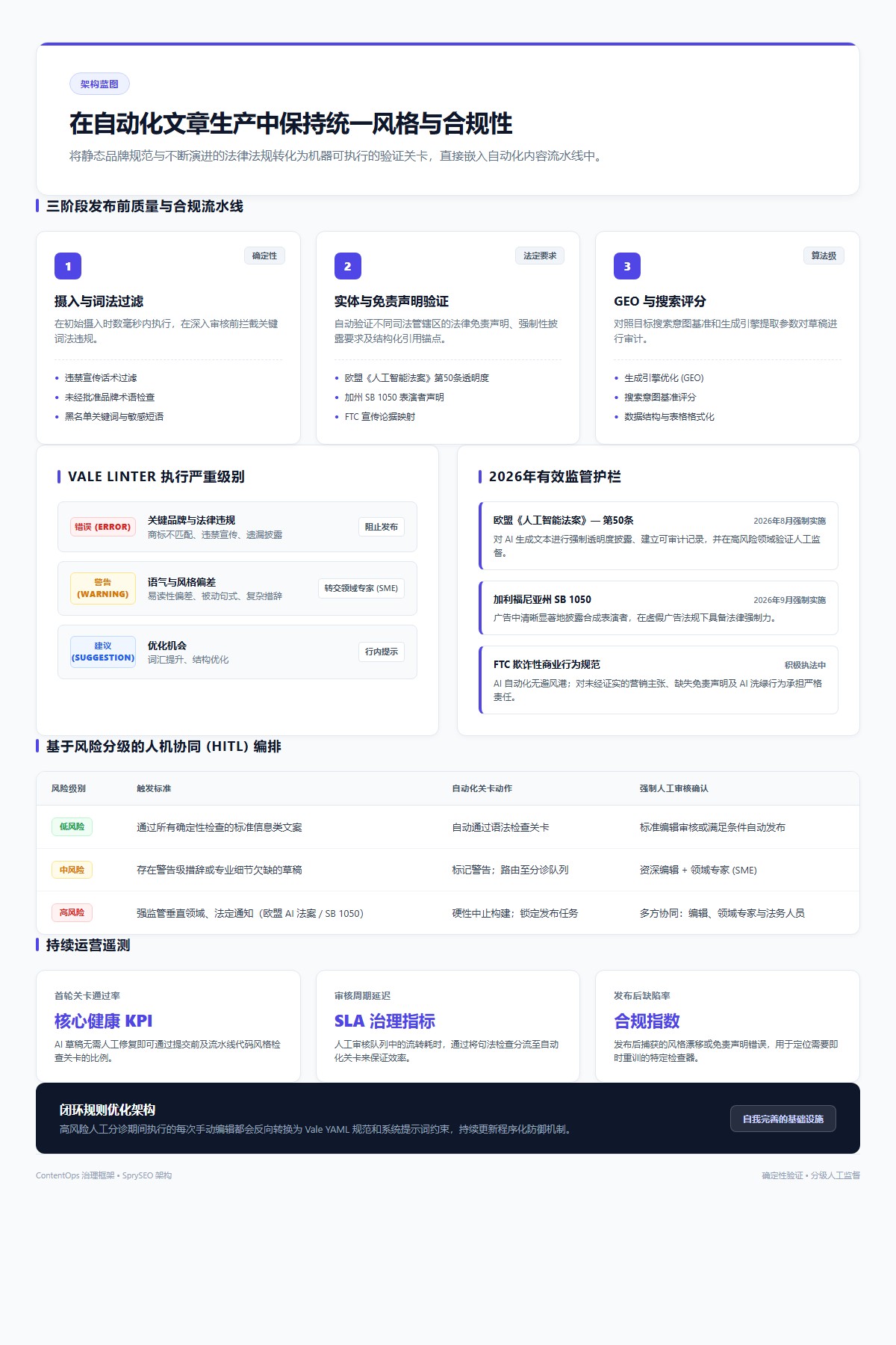 在自动化文章生产中保持统一风格与合规性的架构蓝图信息图，详细展示了三阶段发布前流水线、Vale Linter严重性分级、2026年法规护栏、基于风险分级的人机协同流程及运营指标。