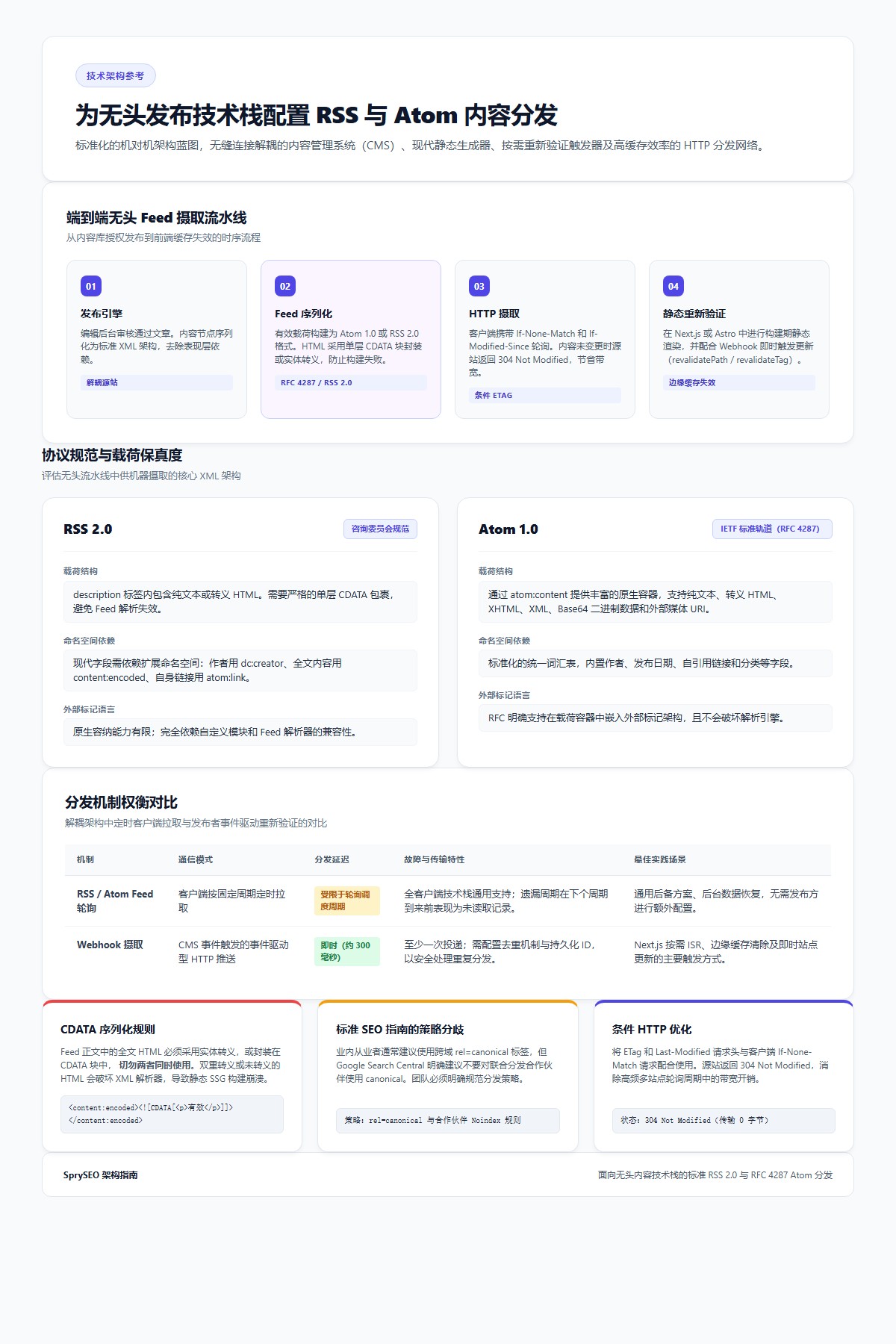为无头发布技术栈配置 RSS 与 Atom 内容分发的技术架构指南信息图，展示端到端 Feed 摄取流水线、RSS 2.0 与 Atom 1.0 协议规范对比，以及轮询与 Webhook 重新验证的权衡分析。