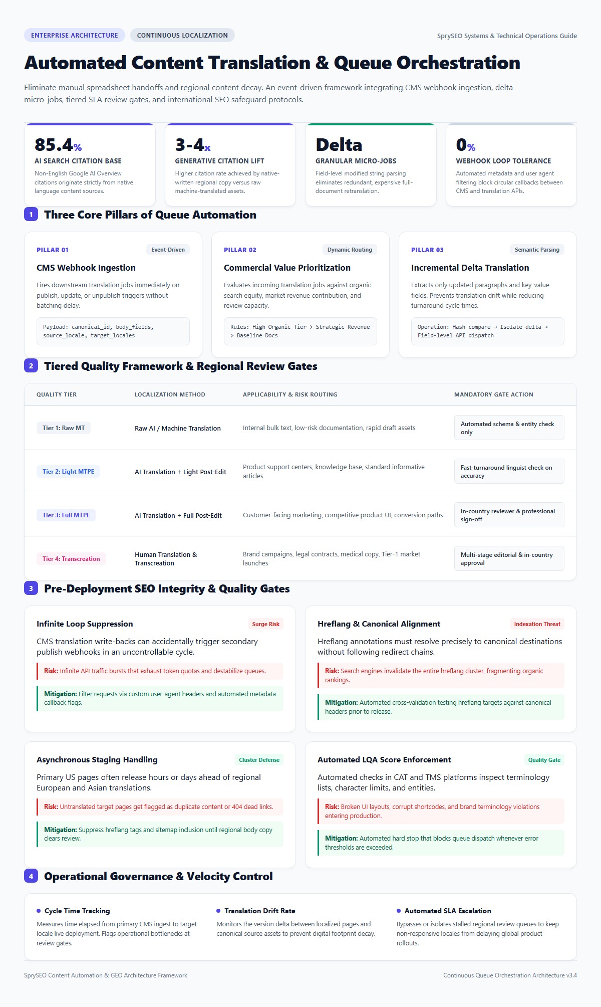 Architecture diagram of automated translation and localization queues showing webhook ingestion, delta parsing, review tiers, and SEO validation gates