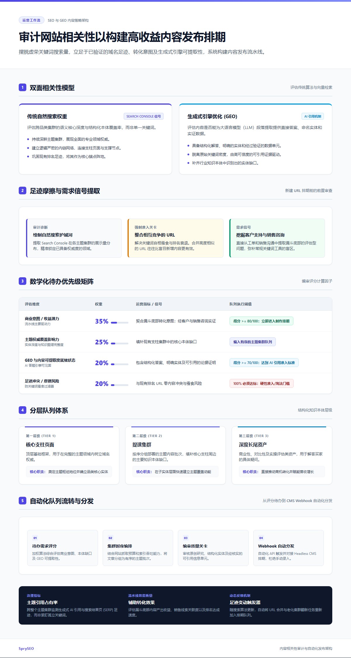 SEO 与 GEO 内容策略架构信息图,详细展示从网站相关性审计、优先级评分矩阵、分层队列管理到自动化 CMS 分发的高收益内容发布工作流。