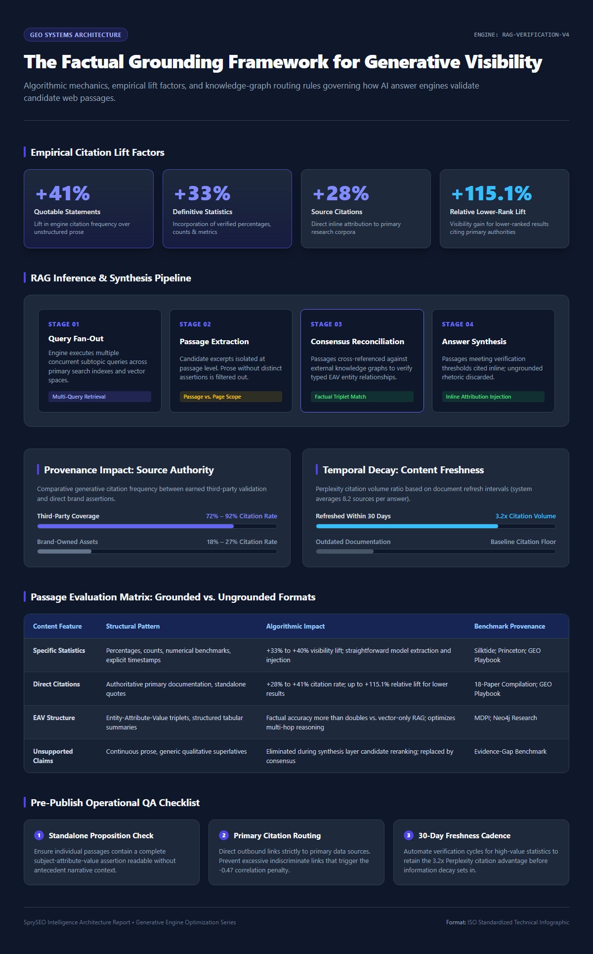 Technical architecture diagram and data visualization showing factual grounding mechanics, empirical citation lifts, and pre-publish QA checklist for generative search visibility.