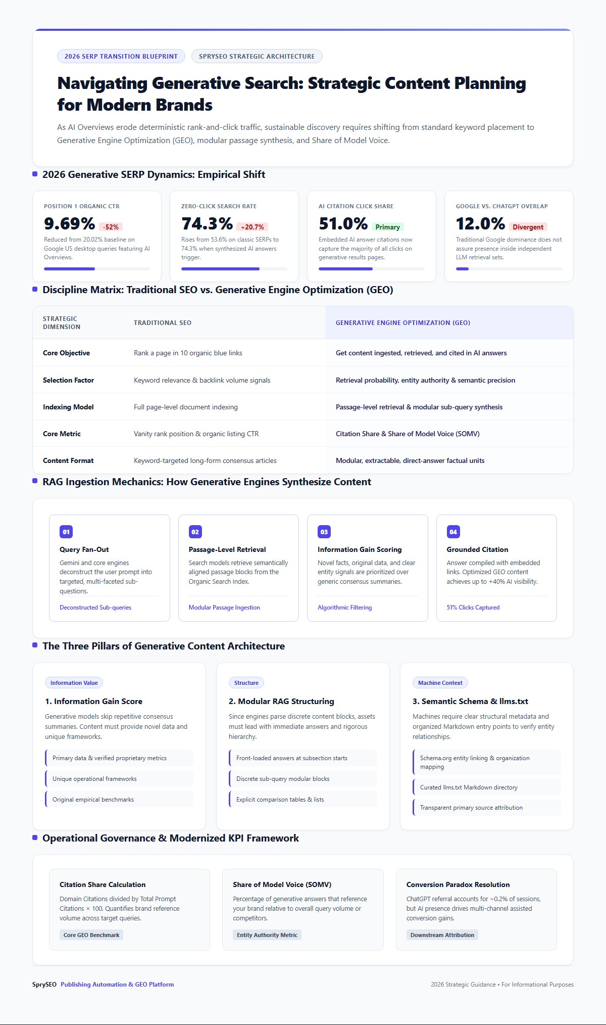 Comprehensive infographic outlining 2026 generative search dynamics, traditional SEO versus GEO comparison, RAG query fan-out mechanics, and core architectural pillars.
