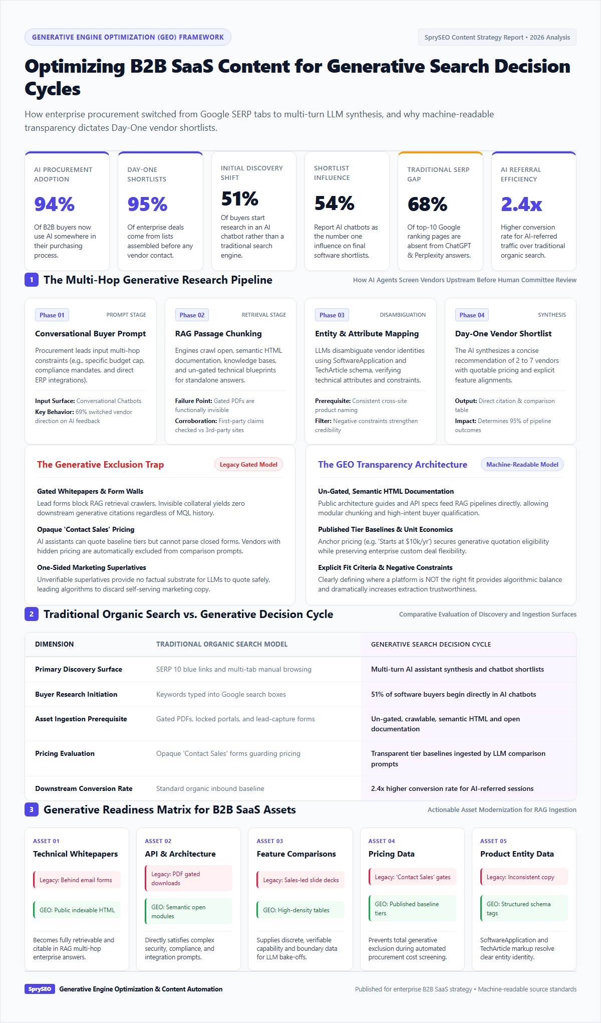 Comprehensive infographic outlining B2B SaaS content optimization for generative search decision cycles, including multi-hop AI research pipelines, comparative metrics, and the asset readiness matrix.