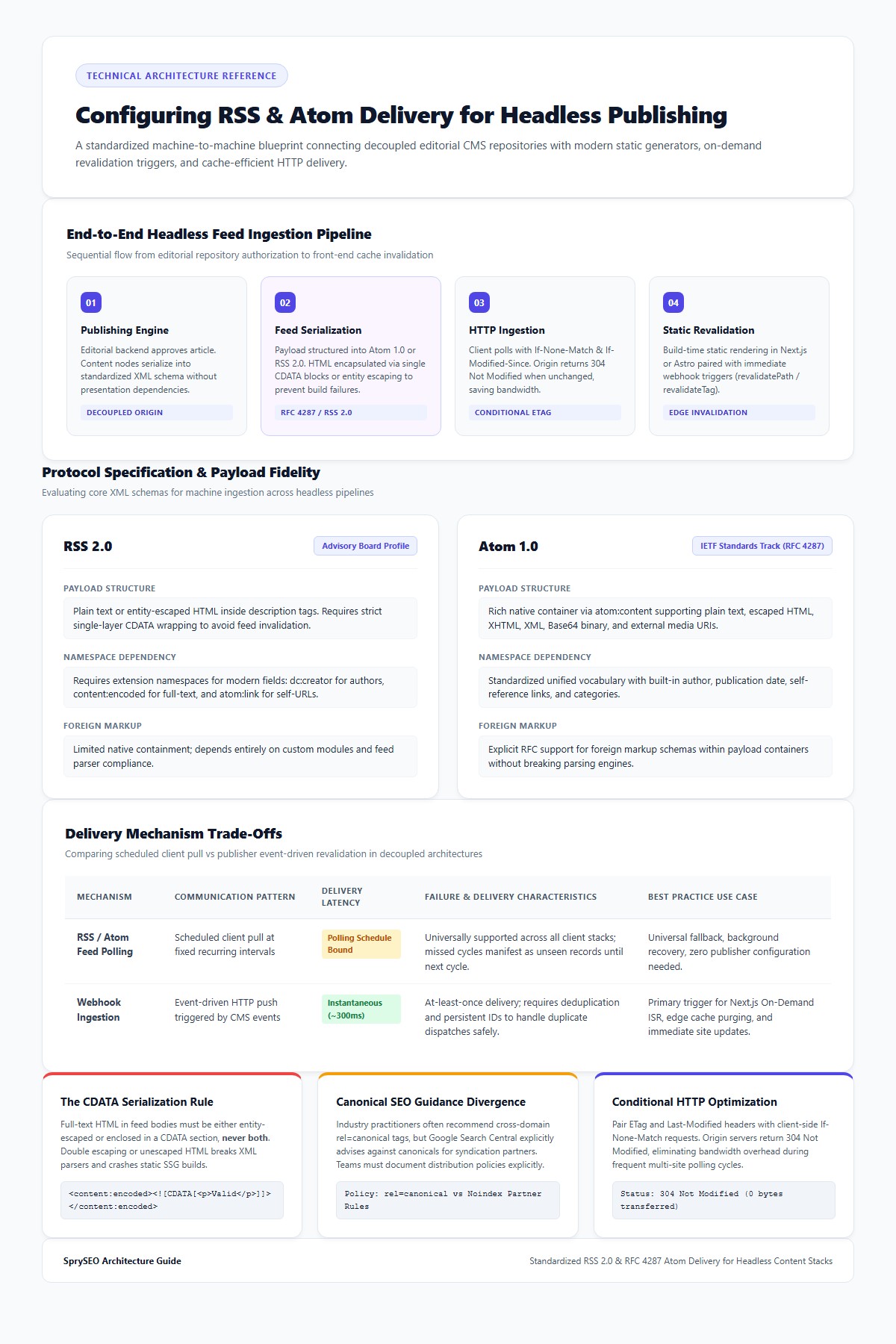 Architectural infographic illustrating RSS and Atom delivery pipeline, protocol comparison, and delivery mechanism trade-offs for headless publishing stacks
