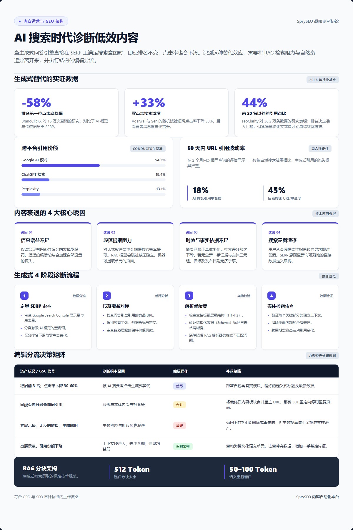 AI问答时代低效内容诊断指南信息图,展示生成式替代数据基准、内容衰退核心诱因、4阶段诊断流程以及编辑分流决策矩阵。
